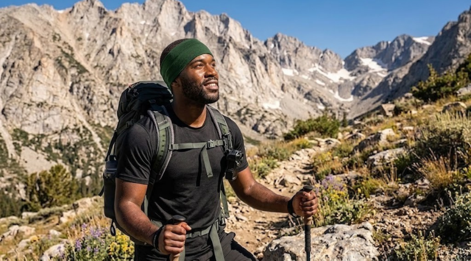 A man hiking outdoors with rugged, rocky mountain peaks in the background. He is wearing a black short-sleeved t-shirt and a wide green headband. He is carrying a large, loaded hiking backpack and holding a trekking pole, looking upward and off to the side with a slight smile.