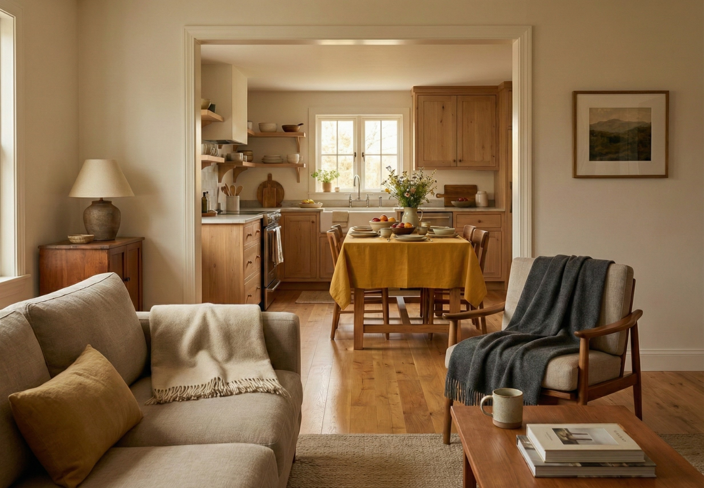 Cozy open-plan living room and kitchen interior with natural wood furniture, a dining table covered with a mustard tablecloth, soft neutral textiles, and warm daylight creating a calm, Scandinavian-inspired home atmosphere.