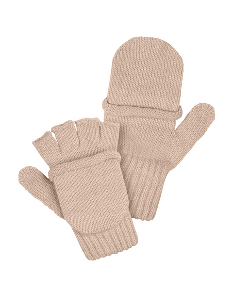 The menique kids&#39; convertible merino gloves in beige color. They are in a white background. One side has a convertible flap, and the other shows the hollow fingertips.