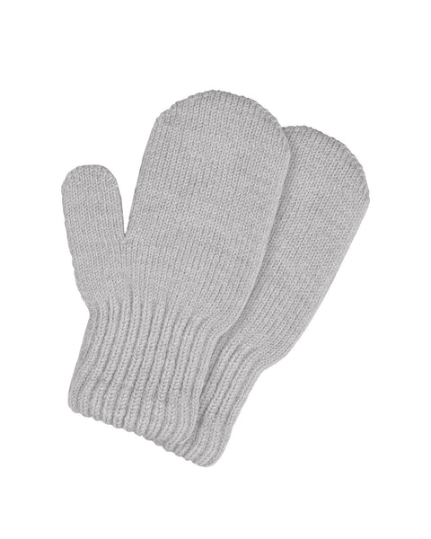 Baby Merino Mittens in light gray knit wool with ribbed cuffs, displayed flat against white background - Menique