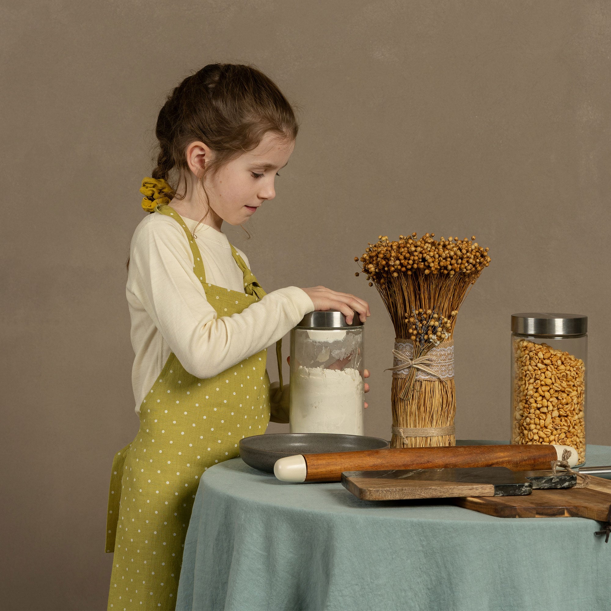 Kids' Linen Apron in leaf dots