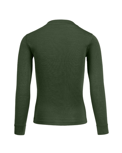 the menique 160gsm kids&#39; merino set of long sleeve top and pants in dark green, back view.