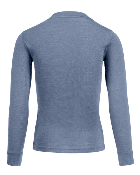 A back-view product shot of the same children's heathered dusty blue long-sleeved top, displayed flat against a pure white background.
