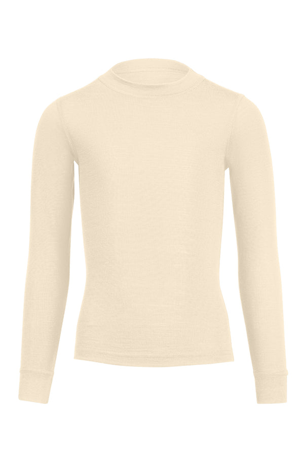 A menique long lseeve 160gsm merino kids' top in natural color, front view.