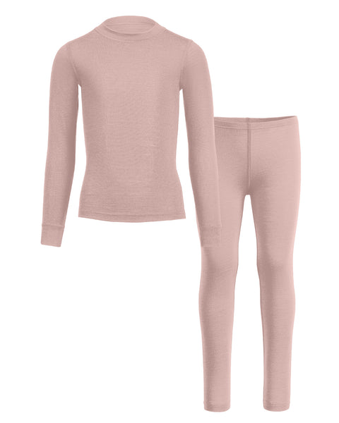 Dusty pink merino wool kids&#39; long-sleeve top and leggings set on a white background