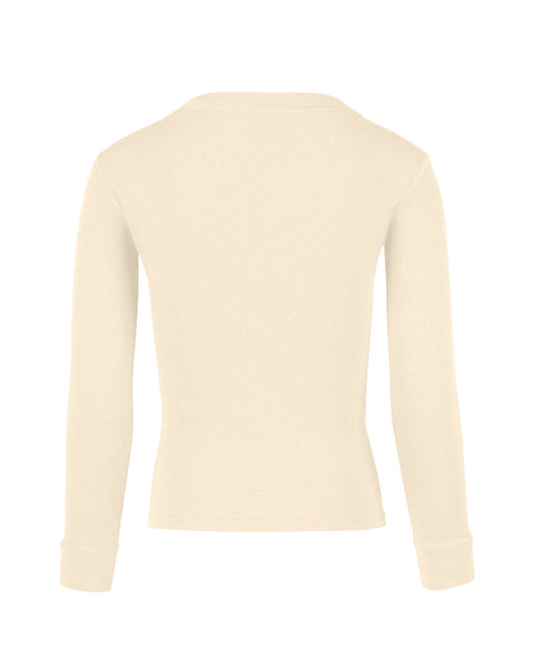 Back view of the kids&#39; menique merino 250gsm long sleeve top, in natural color, white background.