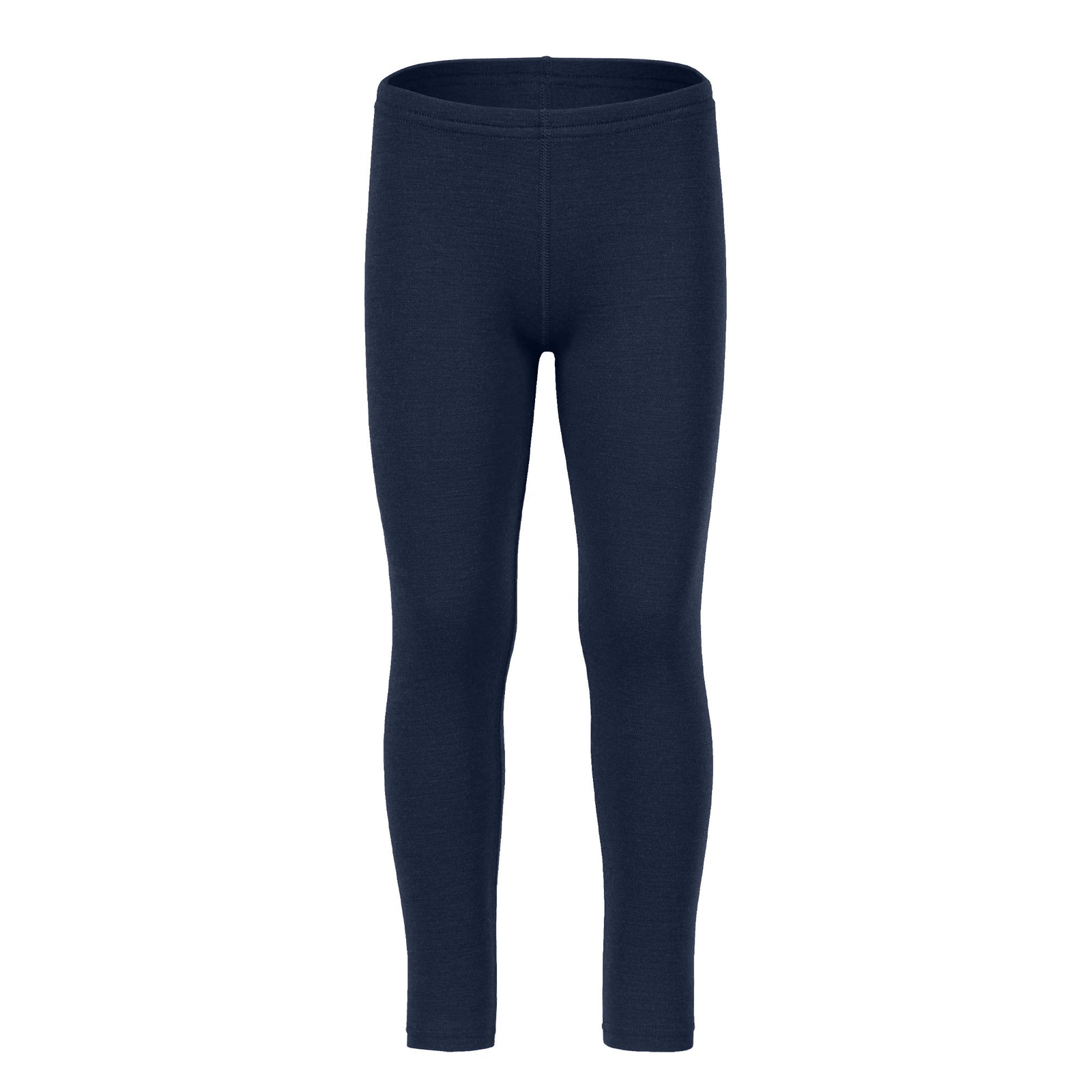 A person modeling navy blue thermal leggings and light-colored socks, shown from the waist down.