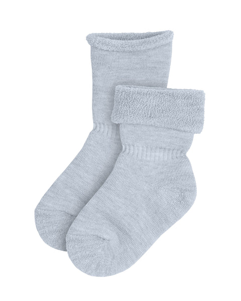 The Kids&#39; Merino Sherpa Lined TWO Socks in color light blue, one rolled down, revealing the sherpa lining, and the other fully rolled up.