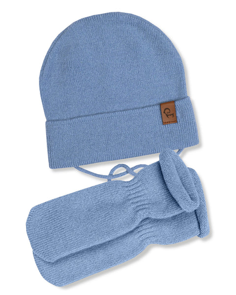Baby Knit Beanie with Strings &amp; Mittens 2-Piece Set Light Blue