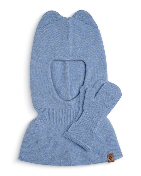 Blue knitted balaclava with attached gloves on a white background