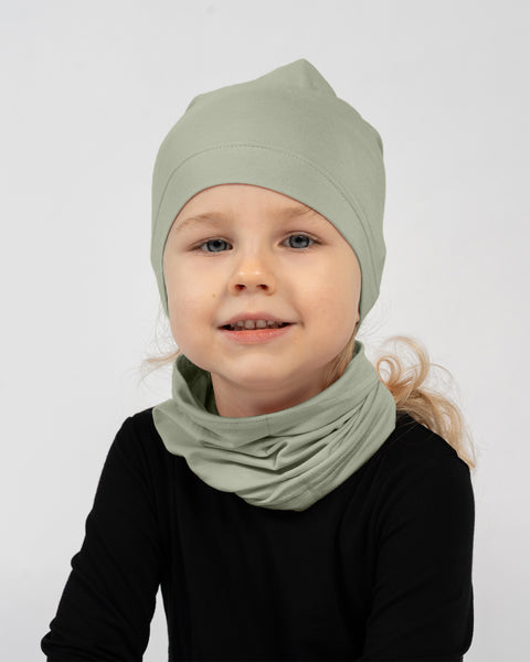 Kids green beanie and neck gaiter set soft stretch breathable fabric for everyday wear