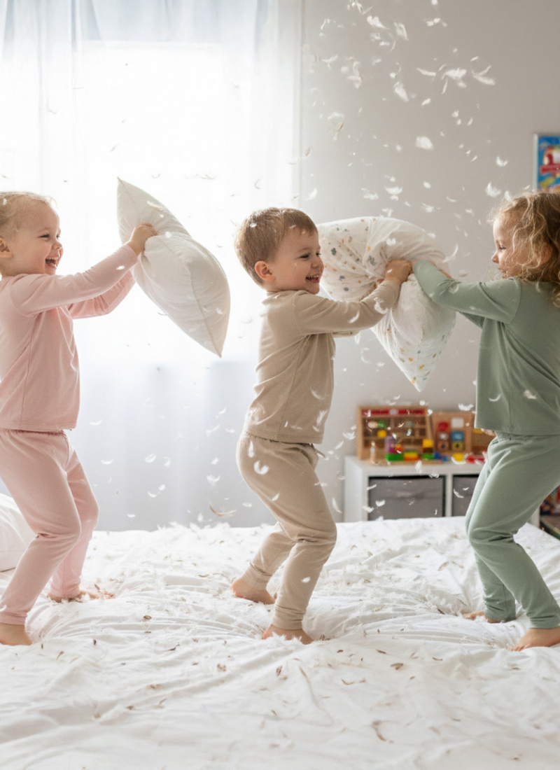 Three children playing with pillows on a bed in a bright room.