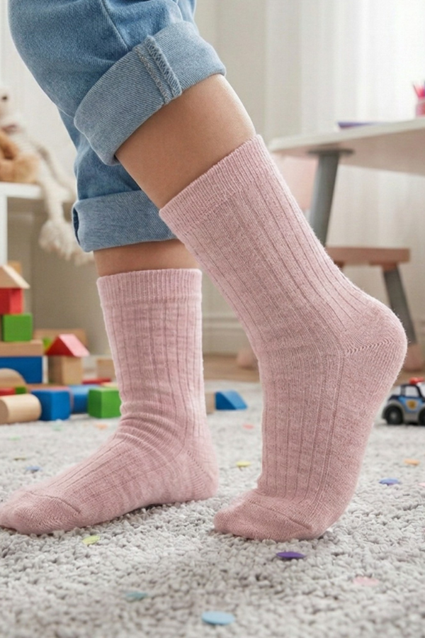 Child wearing pink merino wool socks standing in a playroom.