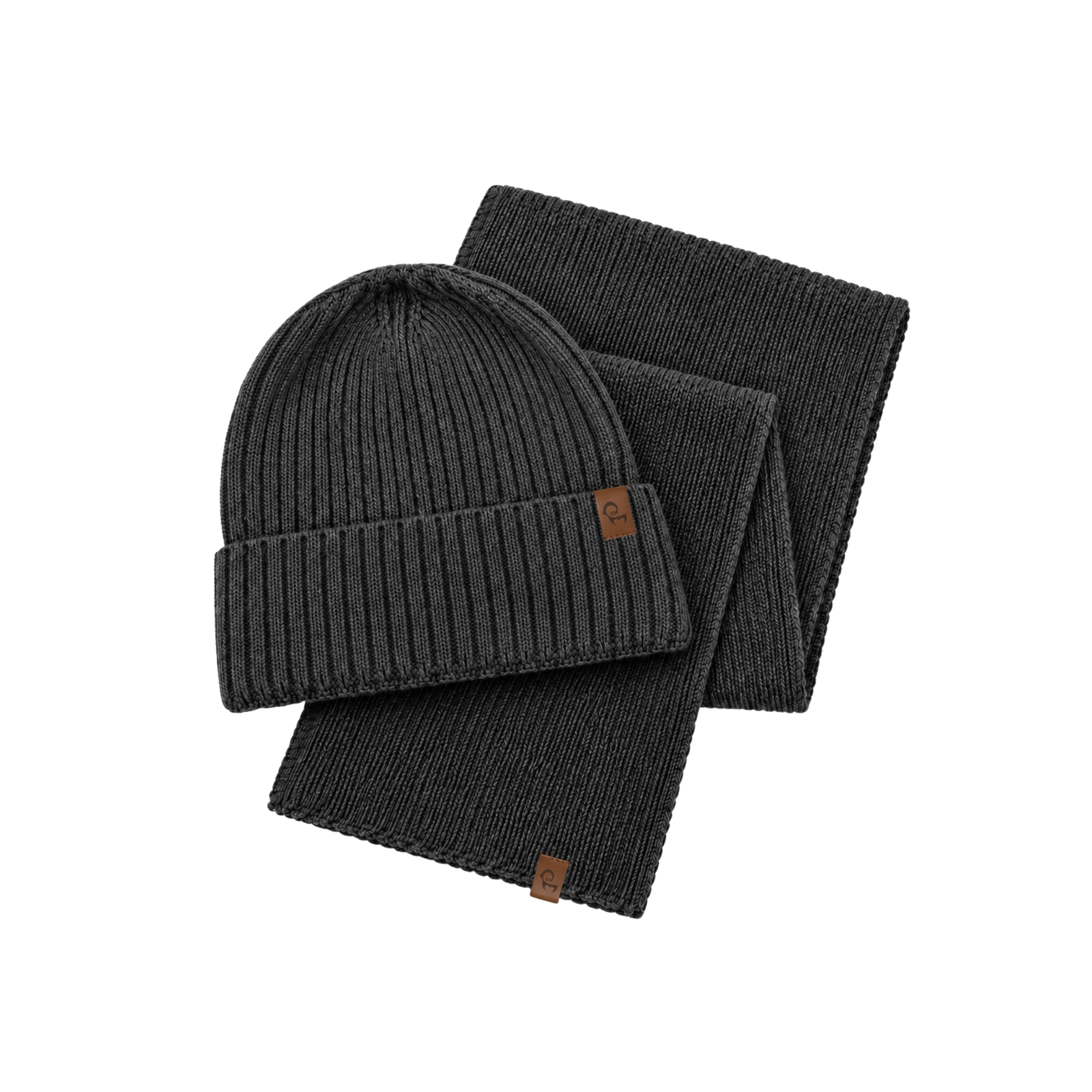 Product set showcasing a dark navy blue knit beanie resting on top of a matching folded navy scarf or neck wrap.