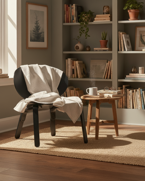 A reading nook with a dark chair draped in a natural-colored linen blanket, set beside a small wooden table holding a warm drink, surrounded by bookshelves filled with plants and books in soft daylight.