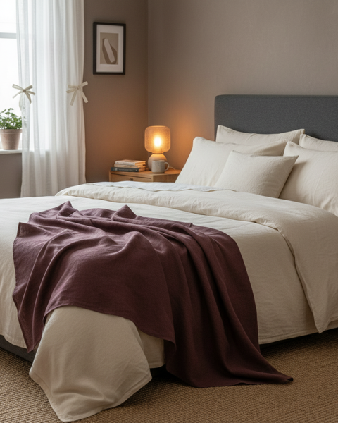 A cozy bedroom with neutral bedding and a soft purple linen blanket draped across the foot of the bed, surrounded by warm lighting and minimal decor.
