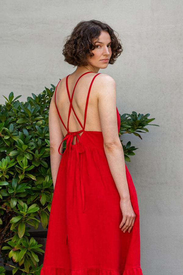 Linen Backless Lace Up Dress Anika Pure Red Color
