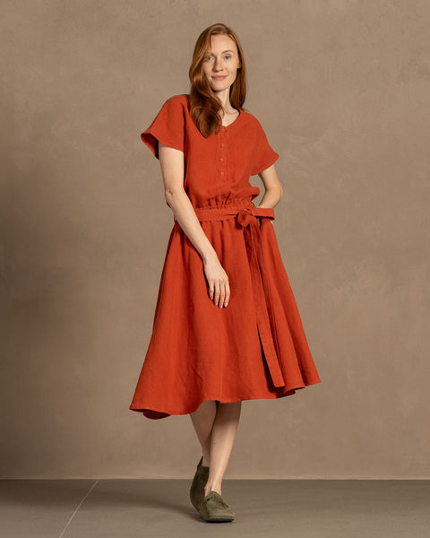 Linen Front Button Dress Brigit Cinnamon Red