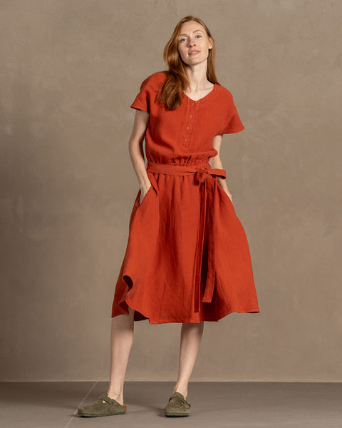 Linen Front Button Dress Brigit Cinnamon Red