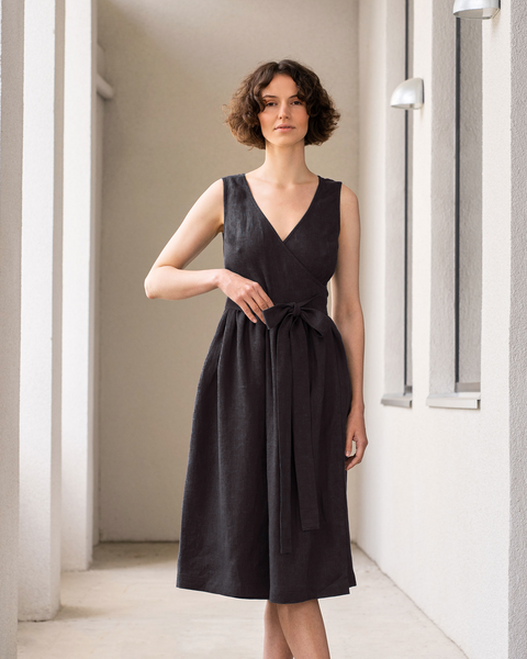 Linen Sleeveless Smock Dress Macie pure black Color