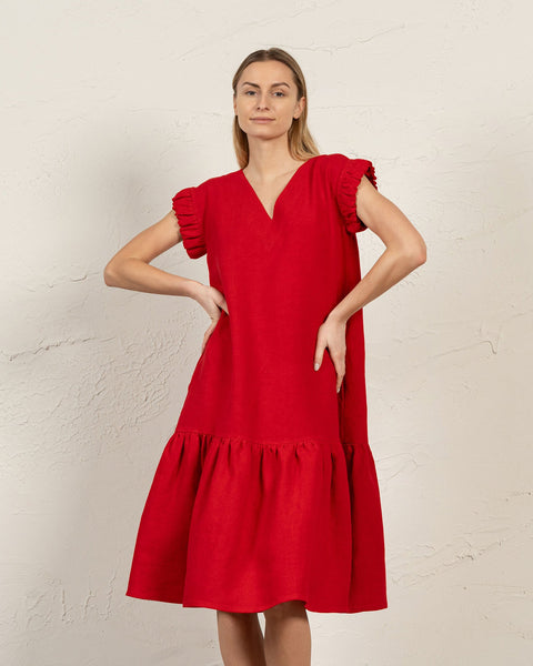 Linen Dress with Ruffles Victoria in pure red