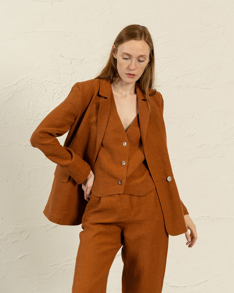 Linen vest Ava in almond brown color paired with Linen pleated pants Lotus  and linen jacket Quin in almond brown color