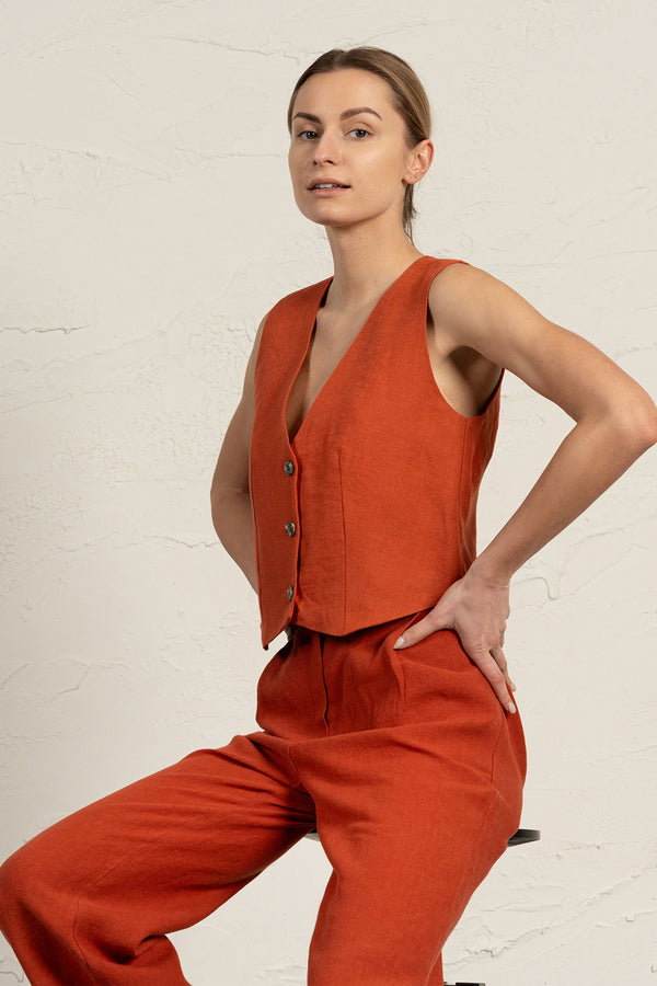 Women's Linen Waistcoat Ava Cinnamon Red