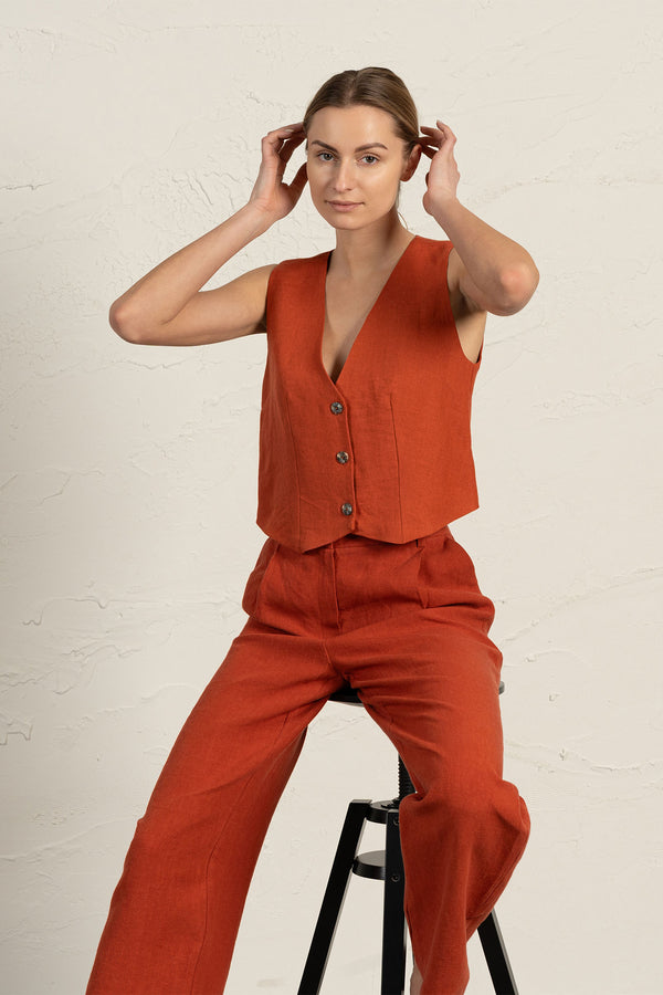 Elegant Linen Waistcoat Ava Cinnamon Red