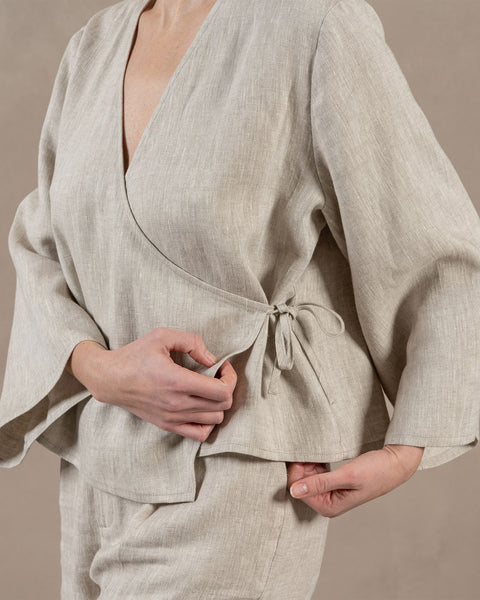 Linen wrap top Thea in Natural color matched with Linen pleated pants Lotus in Natural color
