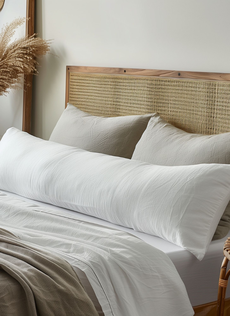 A close-up of a bed features two grey pillows and a long white body pillow resting against a woven headboard.
