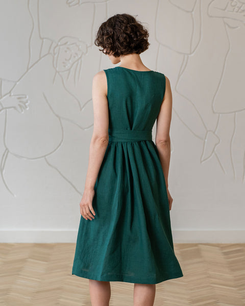 Linen Sleeveless Smock Dress Macie Dark Green Color
