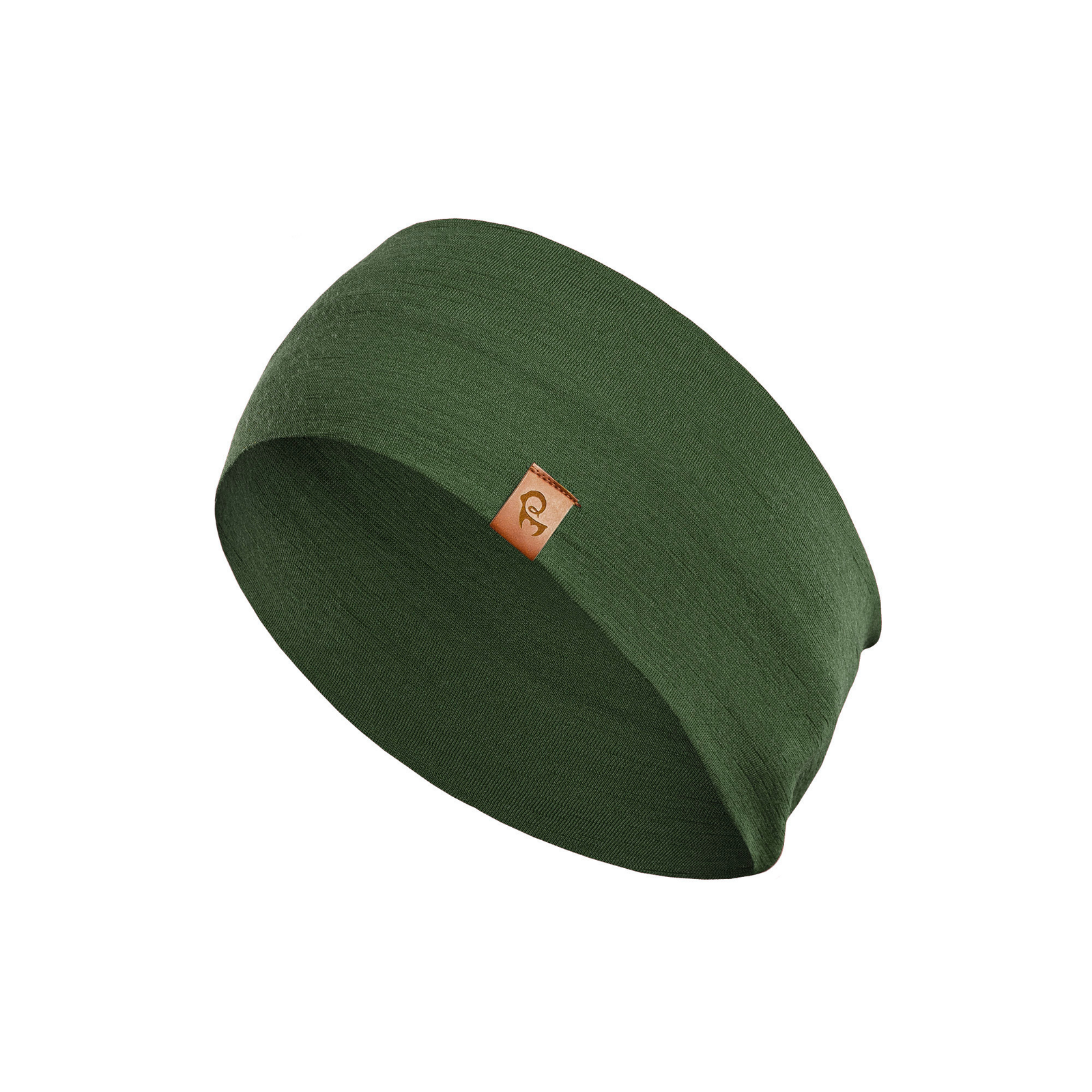 The picture features a man sitting down in a forest. He is looking to the side, with his hands on his knees, clasped together. He is wearing a dark green menique merino headbands with a small logo on the side at the front. He is also dressed in a sleeveless menique merino black top.
