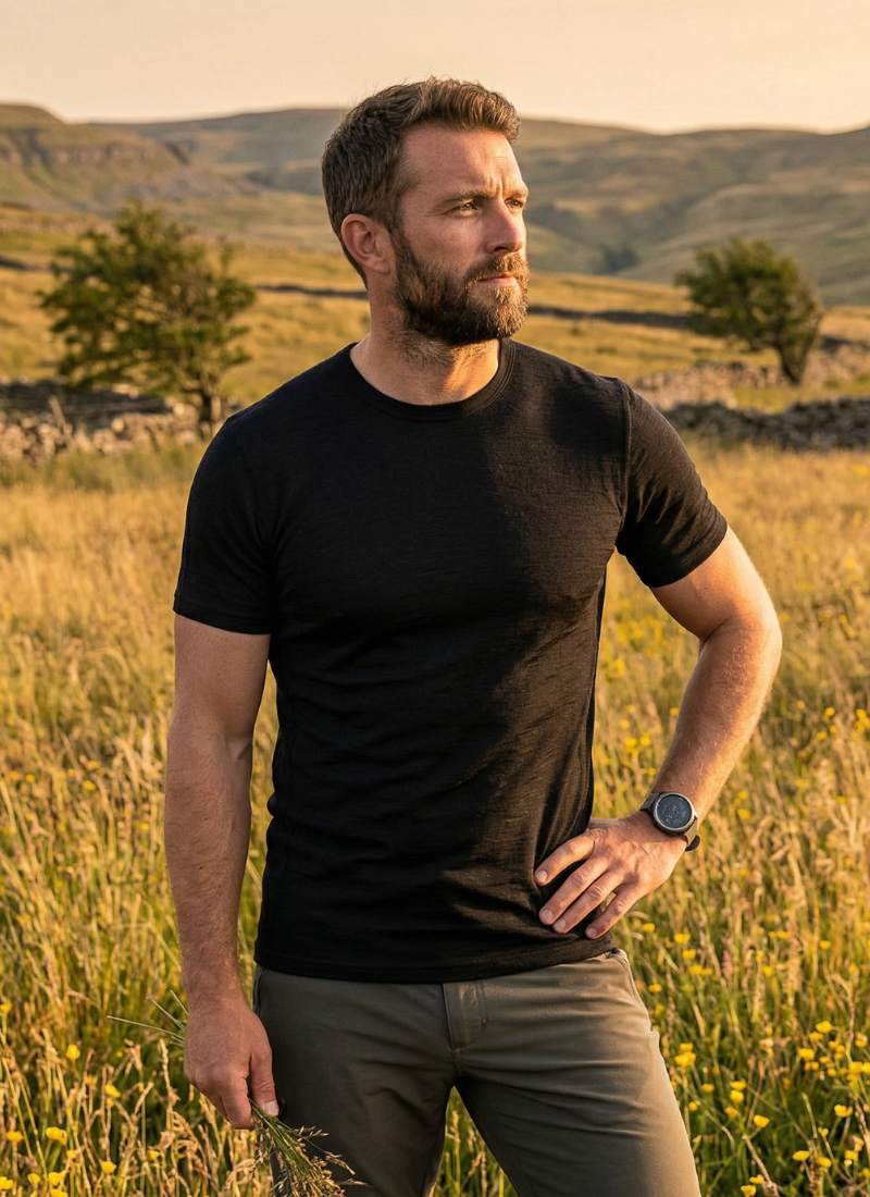 A bearded man standing in a field during golden hour, wearing a black t-shirt and grey pants, looking off to his right with one hand on his hip.