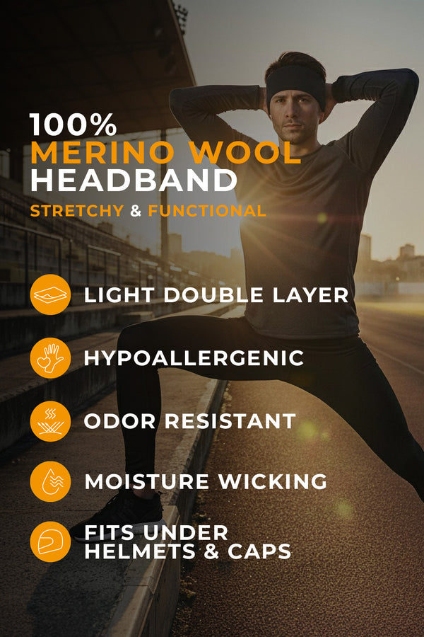 Person stretching outdoors with text about a merino wool headband's features.