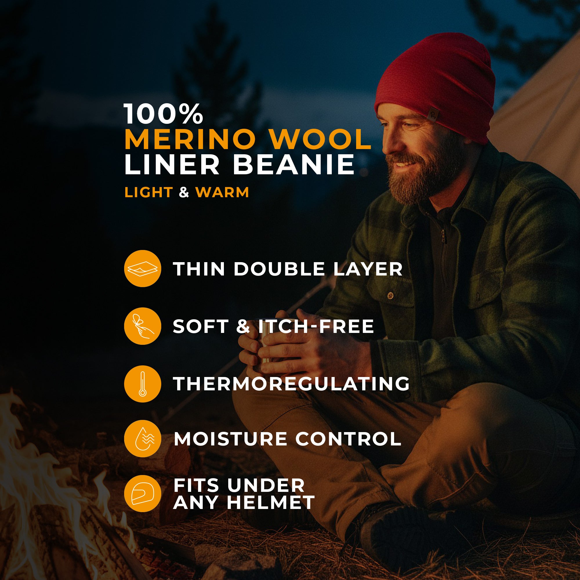 A man standing outside during fall season, in a forest, wearing the menique Men's Merino Beanie Hat in Denim Color.