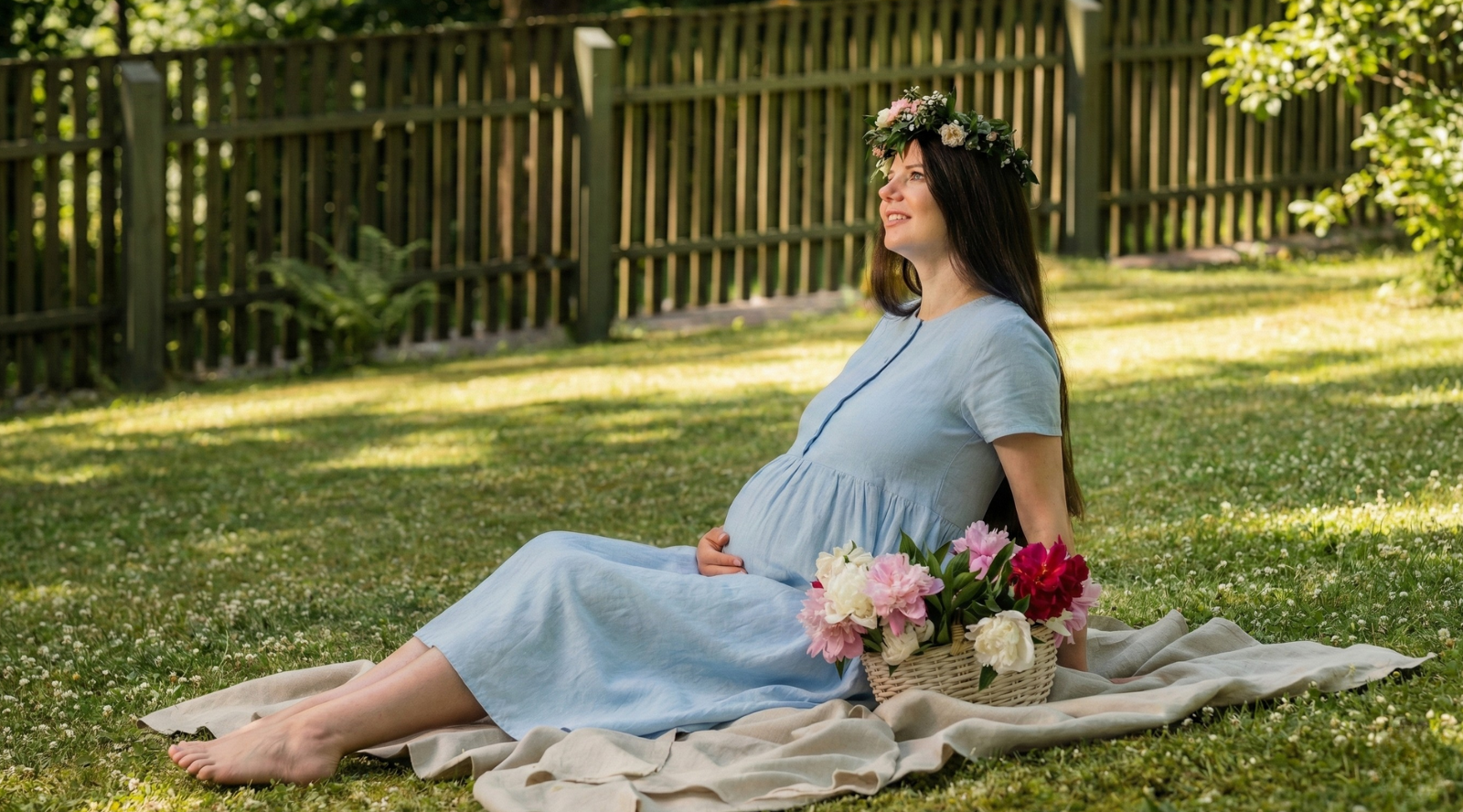 A pregnant woman is sitting on a blanket in a green garden, wearing a light blue linen maternity dress and a delicate flower crown. She gently rests her hand on her baby bump while looking upward, with a basket of fresh flowers beside her, creating a serene and joyful summer scene.