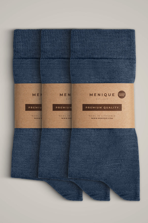 Men’s 3-pack thin Merino wool socks in blue – breathable, moisture-wicking, and durable everyday comfort.