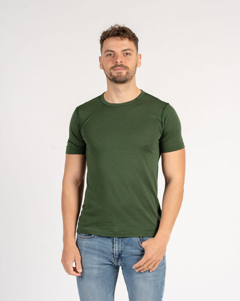 The menique men&#39;s 160 Merino wool T-Shirt in Dark Green color.