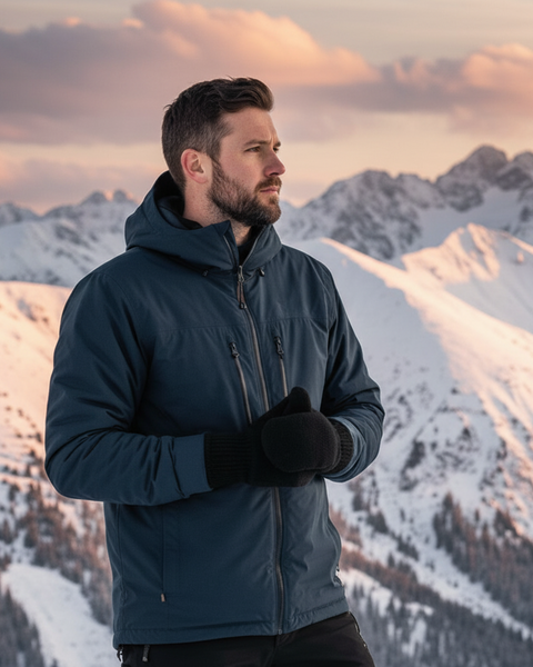 A person wearing a blue ski jacket and black menique mittens. The person is holding their hands together.