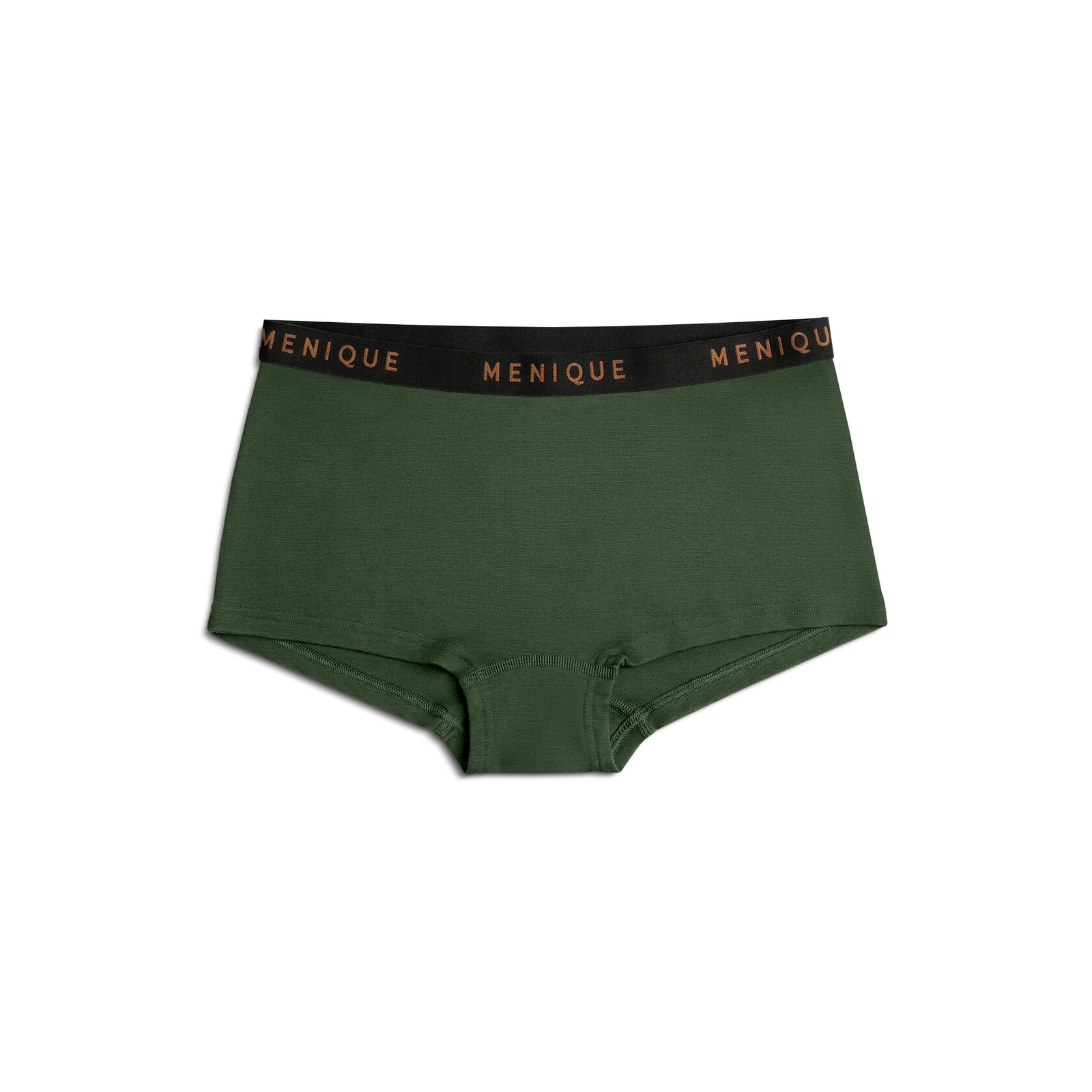 Three pairs of Menique men's boxer briefs stacked diagonally on a white background, featuring black, olive green, and burgundy red fabrics with black elastic waistbands and gold lettering.