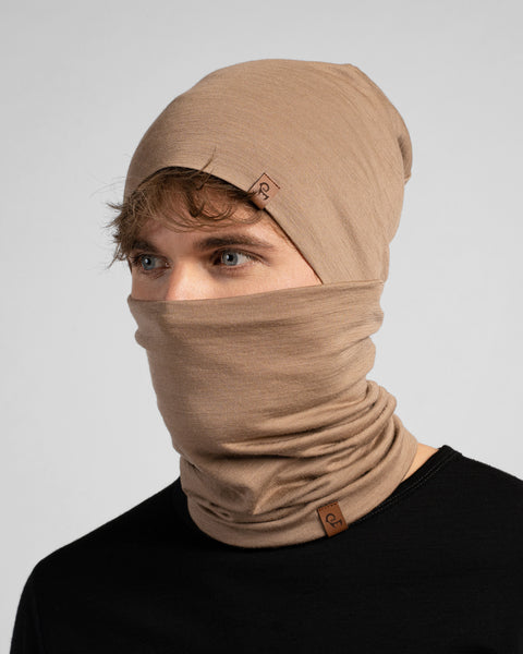 Herren Merino Mütze &amp; Schlauchschal 2-teilig Beige