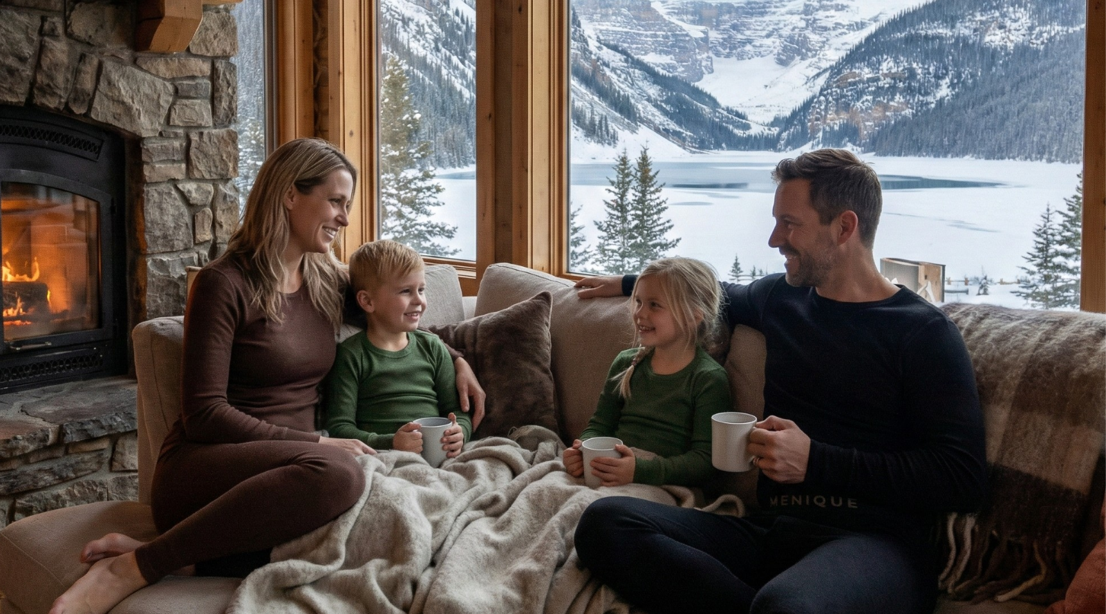 Family relaxing on a sofa in a mountain cabin, wearing merino wool base and mid layers, enjoying hot drinks by a fireplace with snowy alpine scenery outside the window.