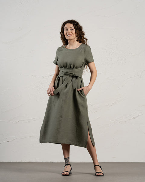 Short Sleeve Obi Wrap Dress Milly Stone Green