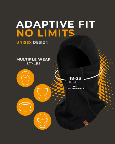 Black balaclava with head circumference measurement on a dark background, featuring text about adaptive fit and design.