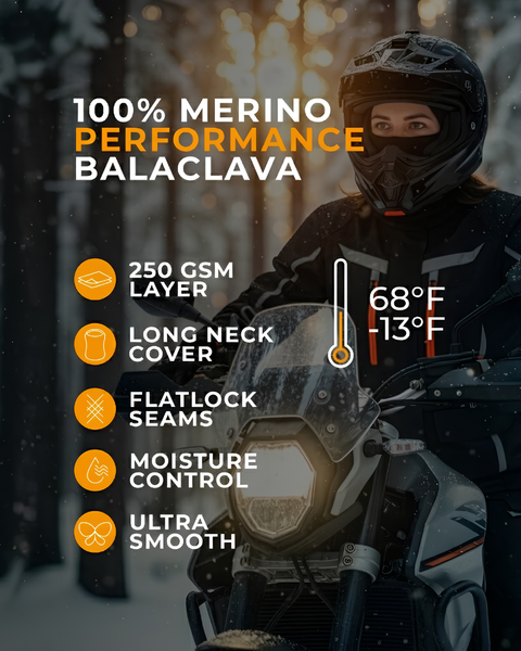 100% merino wool performance balaclava with 250 GSM layer protection, long neck cover and moisture control for extreme cold weather riding