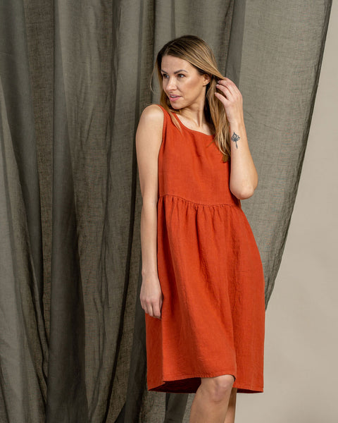 Linen Smock Dress Eliza Cinnamon Red