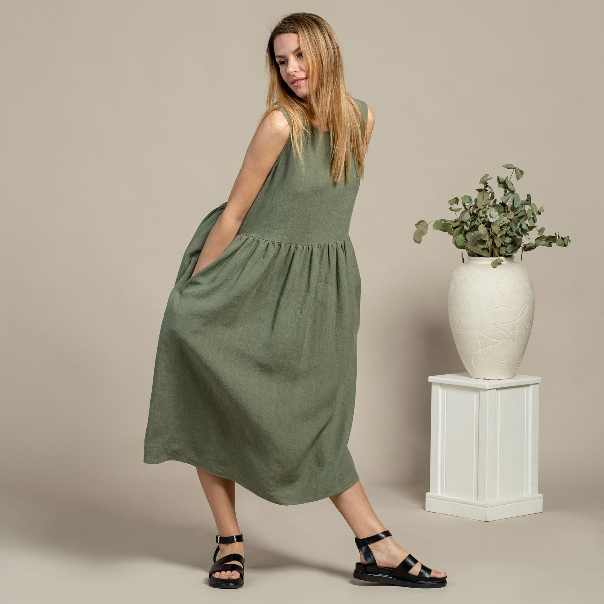 Linen Sleeveless Smock Dress Maya Stone Green