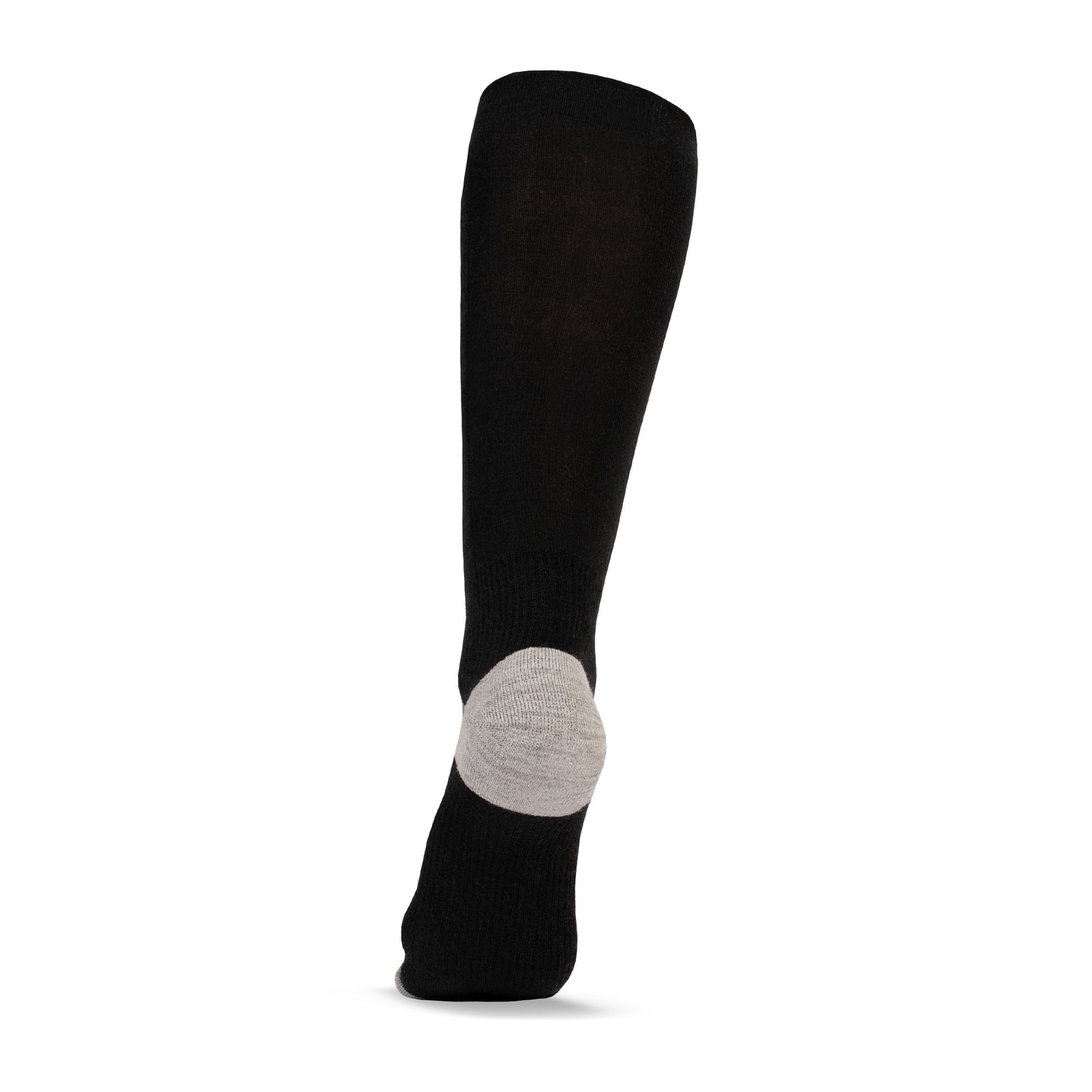 Black knee-high sock with gray toe and heel on a white background