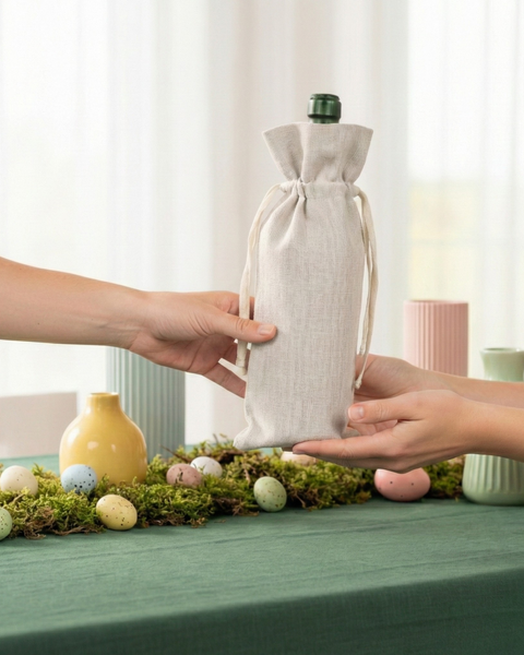 Hands exchanging a wine bottle wrapped in a natural linen drawstring bag on a spring-themed table setting.