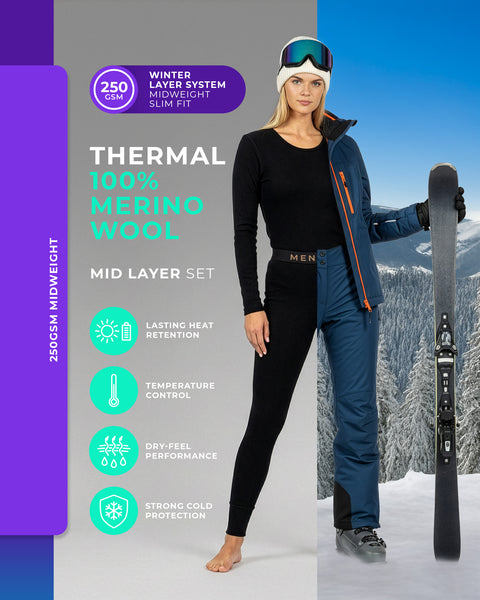 Women’s 250 GSM thermal mid layer set made from 100% merino wool in black, slim fit base layer for winter sports, skiing and cold weather layering